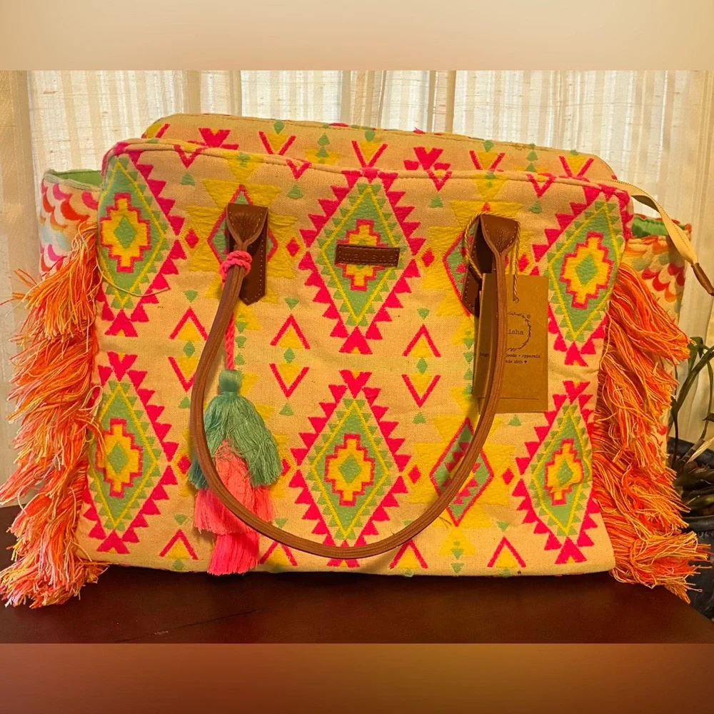 Boho Fringe Tote Bag with Neon Diamond Pattern - Picture 8 of 9